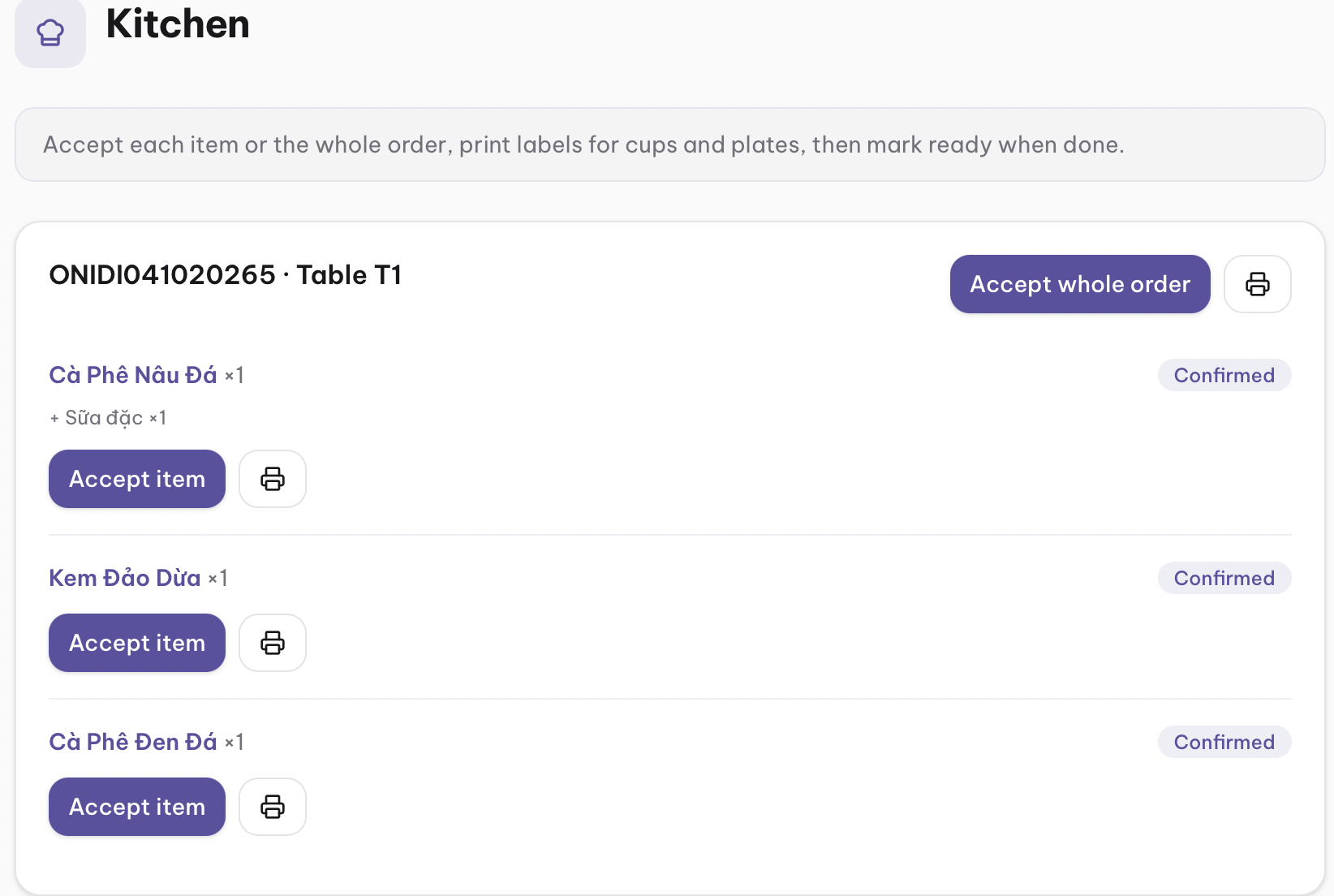 Kitchen receives a fully confirmed order