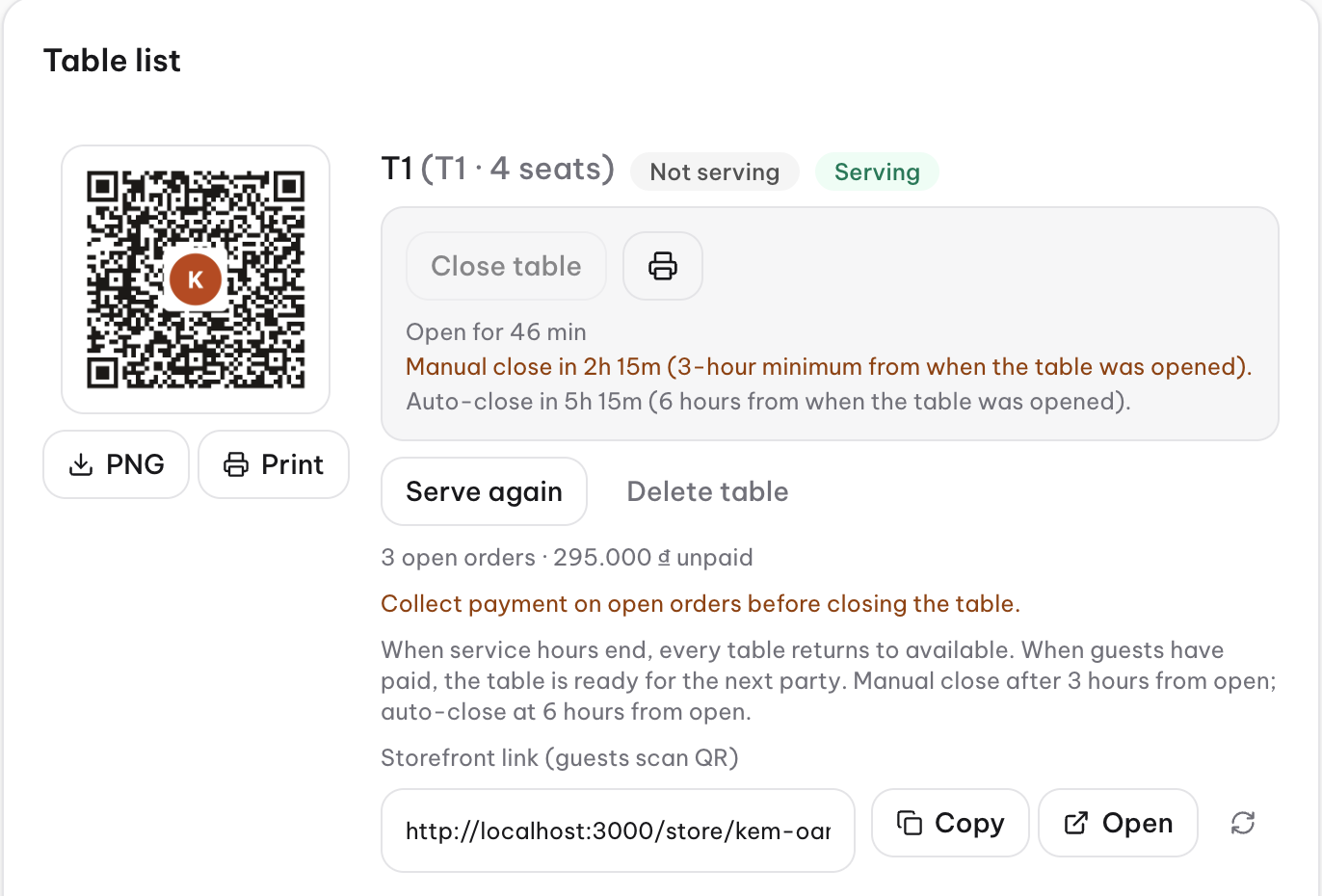 Open tables and print QR